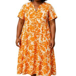 Chico's Short Sleeve V-neck Tiered Skirt Casual Dress-Size 3 (16)-Orange/white